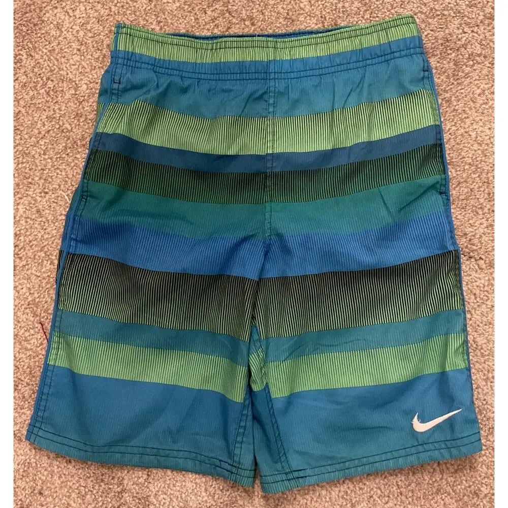 Nike Boys Blue Green Striped Swim Trunks Beach Pool Swimwear, S (8-10 years)